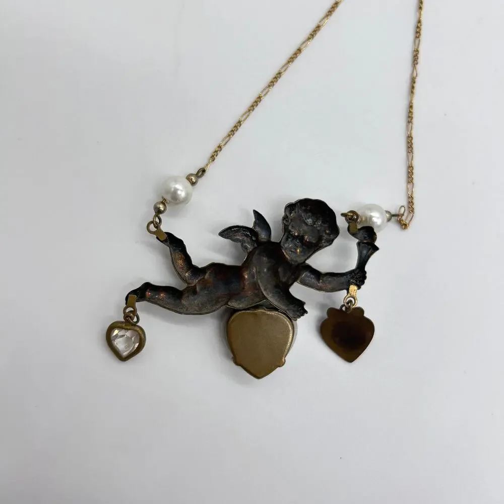 Vintage Piddly Links Cupid Angel Cherub Hearts Necklace Large Statement Boho